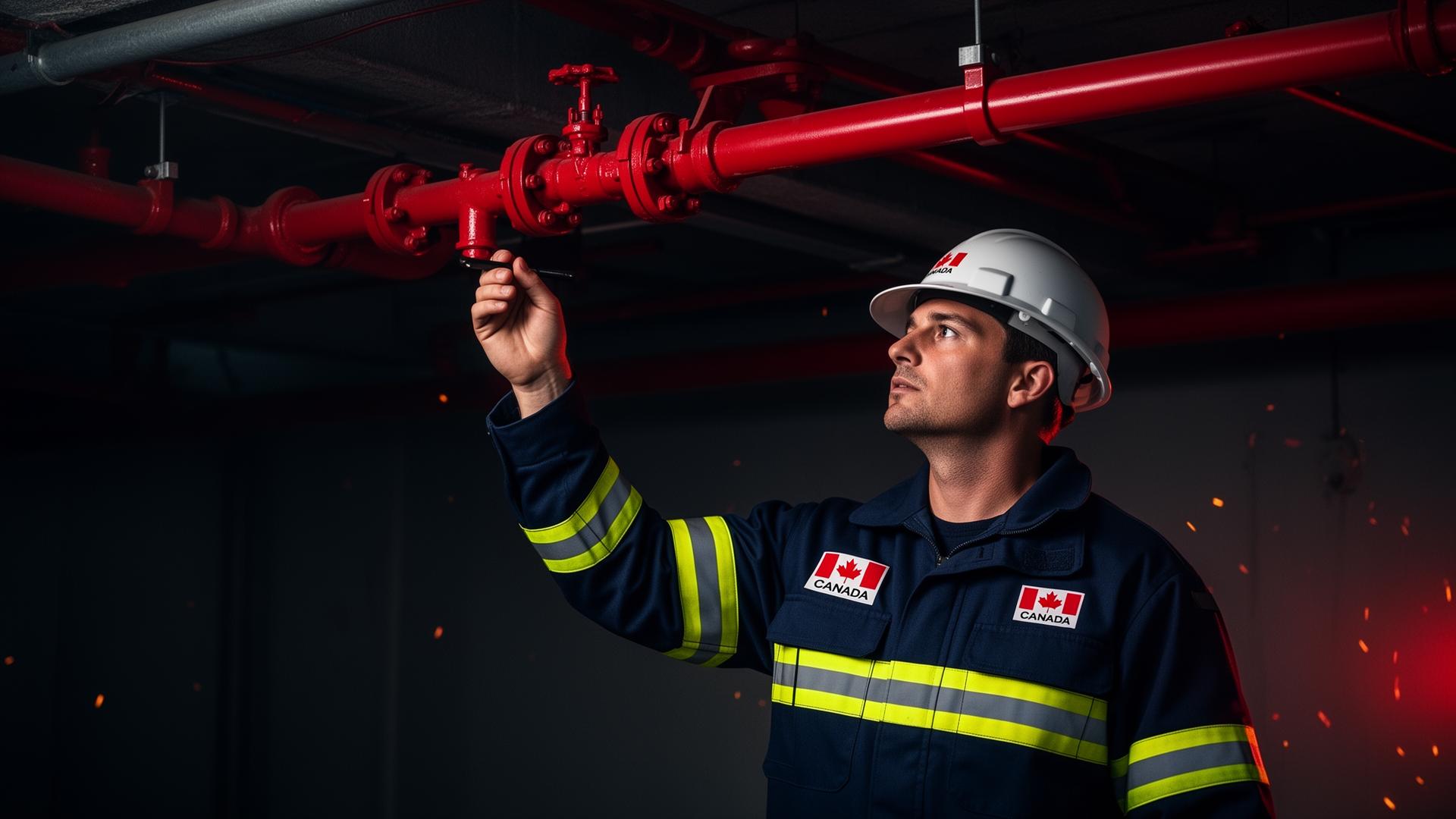 Canadian fire protection technician inspecting a commercial sprinkler system